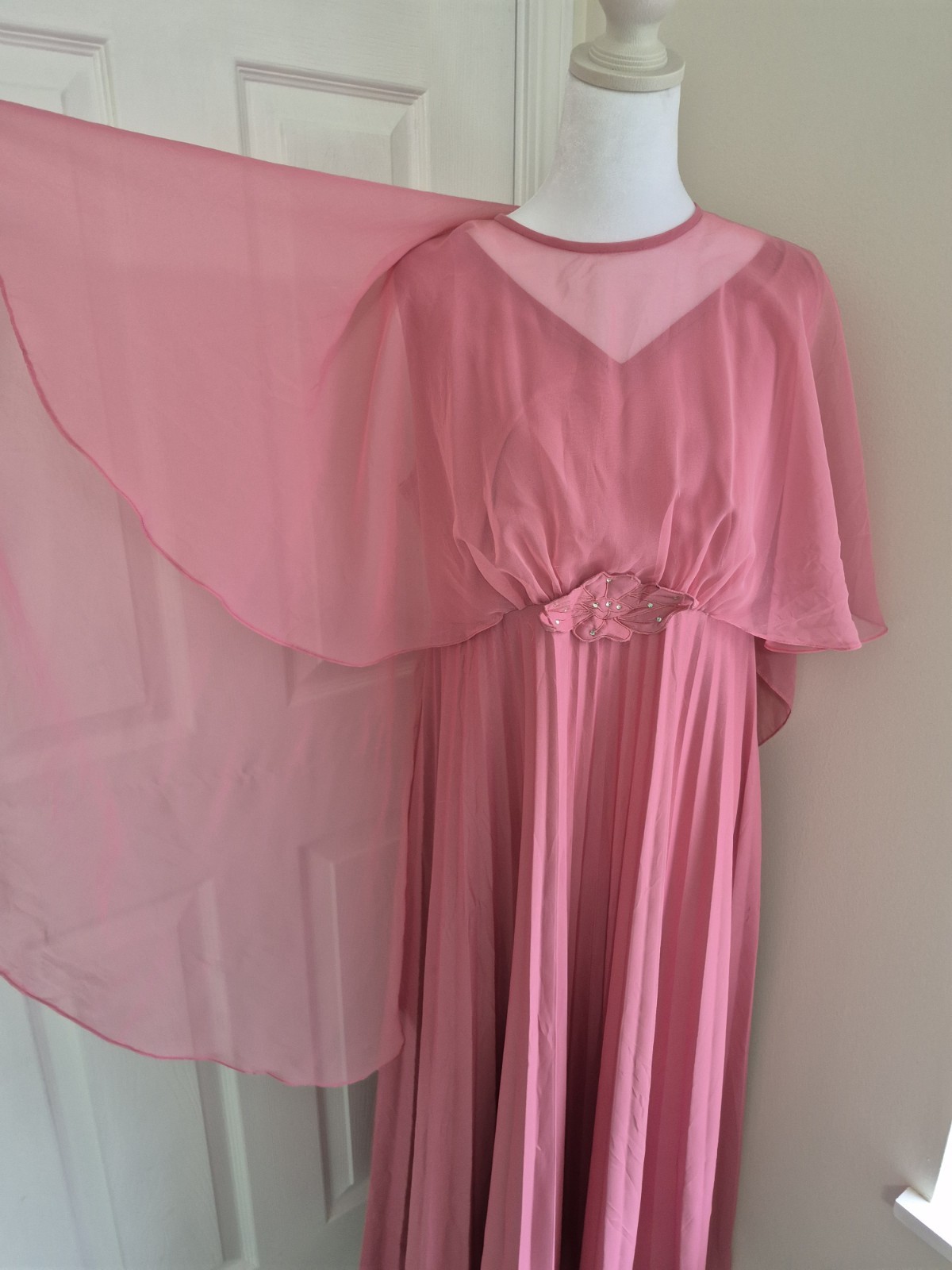 Vintage 70/80s Pink Accordion Pleated Cape Dress Maxi Gown ILGWU Union Made M/L