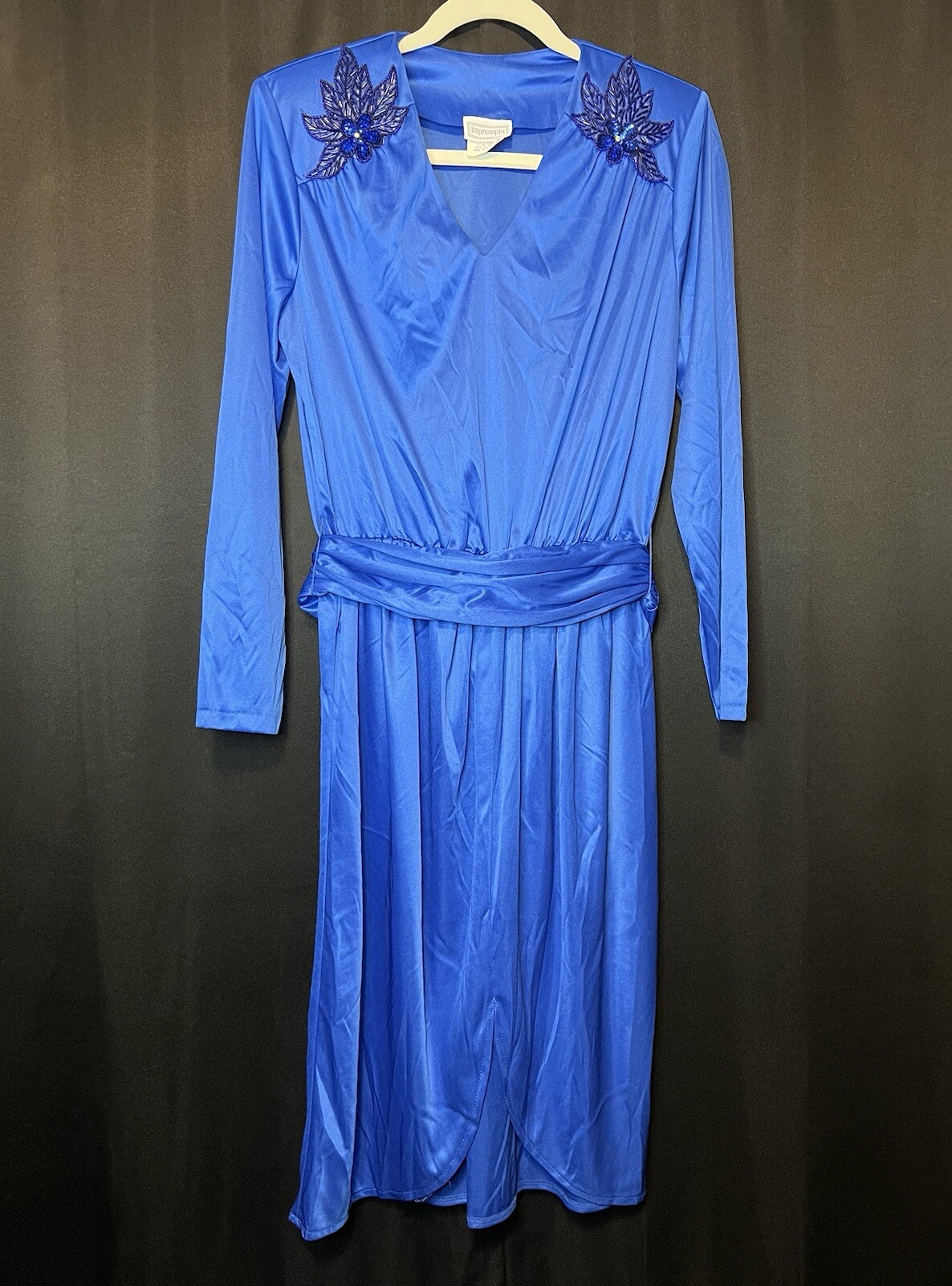 VTG Impromptu Belted Satin Chic Blue Dress Embellished Bejeweled Floral Accents