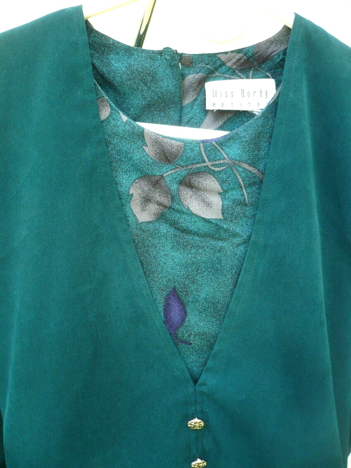 VTG 90S MISS DORBY P M GREEN GRAY PURPLE LEAF PLEAT SECRETARY VEST TEACHER DRESS