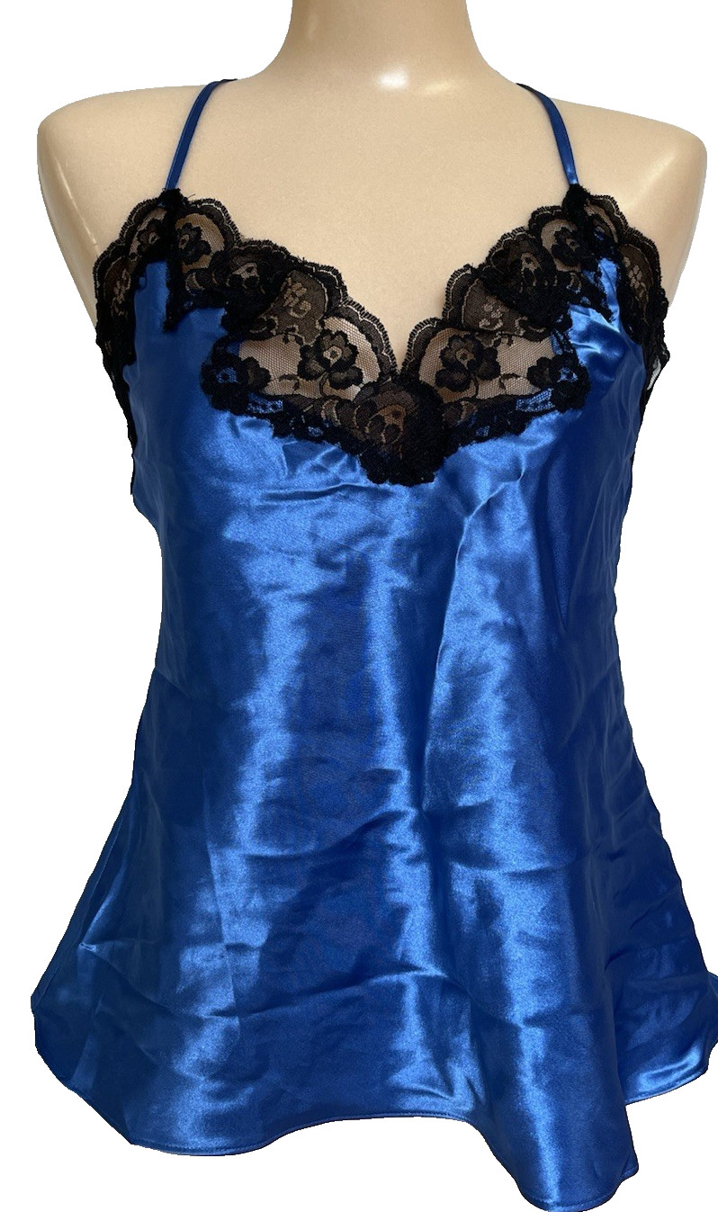 Vtg Large Blue & Black Satin Lace Frederick’s Of Hollywood Pajama Top Lingerie