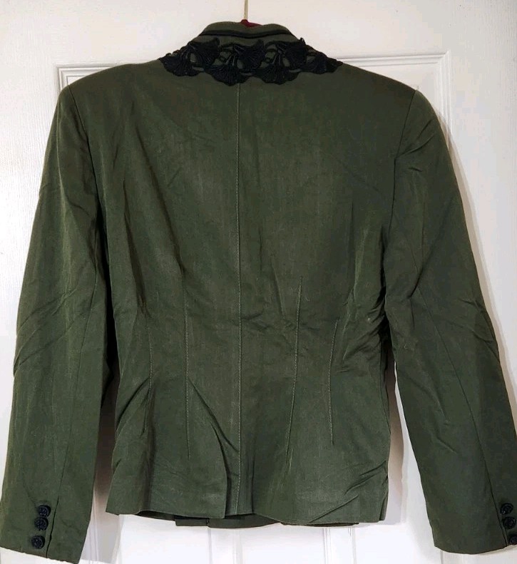 Edwardian Olive Green Jacket Black Embroidered Trim Flower Petals Size Small 90s