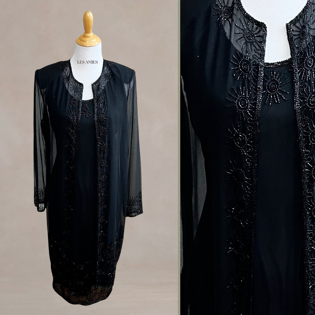 Vintage 90s NWT JKara Black Beaded Cocktail Dress and Sheer Embellished Jacket 8