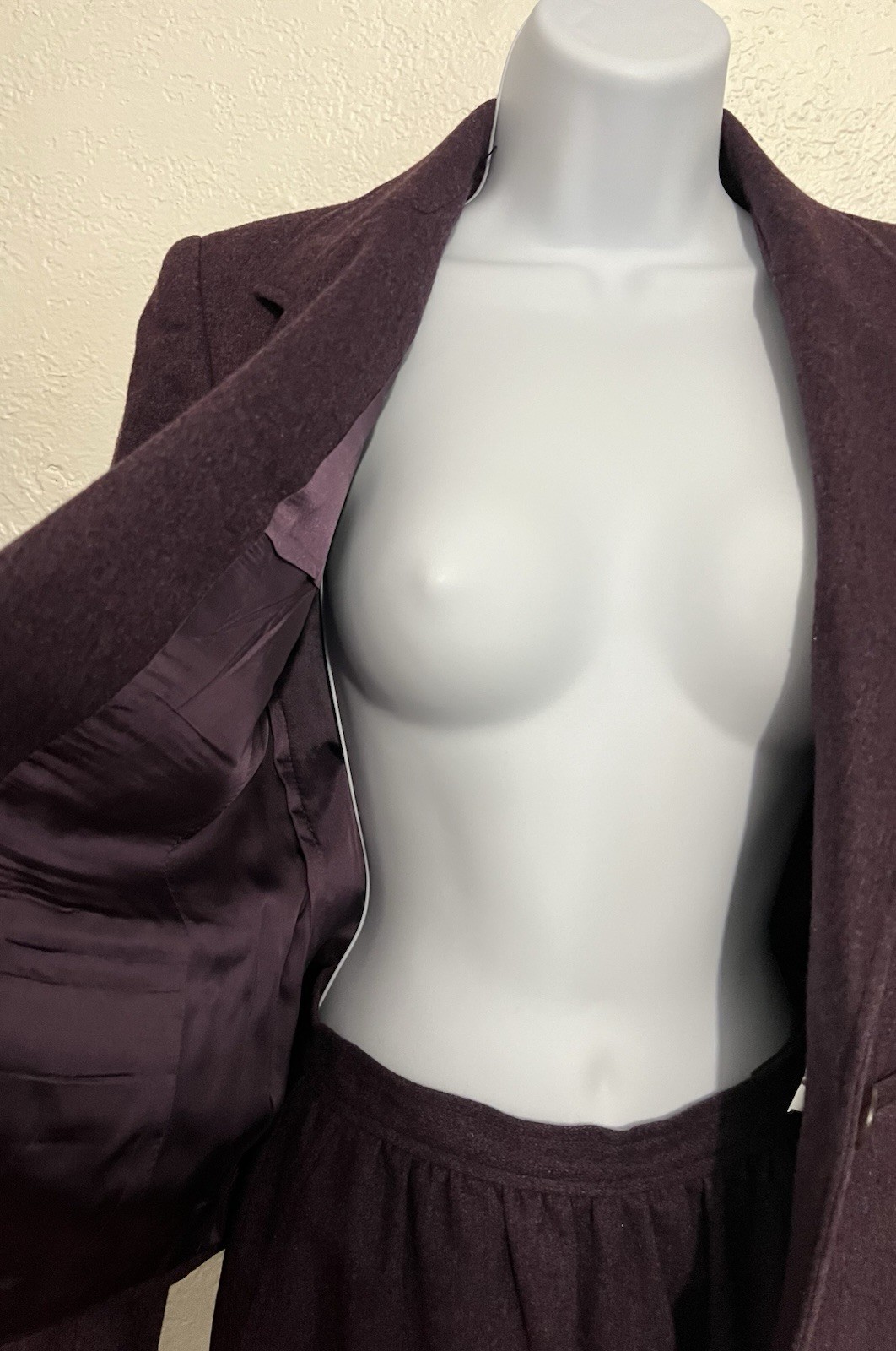 Vtg Sm Wool Skirt Suit Plum Purple Blazer Midi Skirt 2 Piece Set