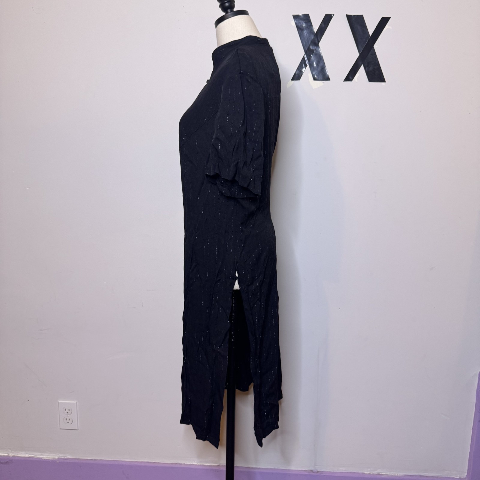Vintage 80s 90s Black Pinstripe Mandarin Collar Frog Clasp Jacket Dress 18