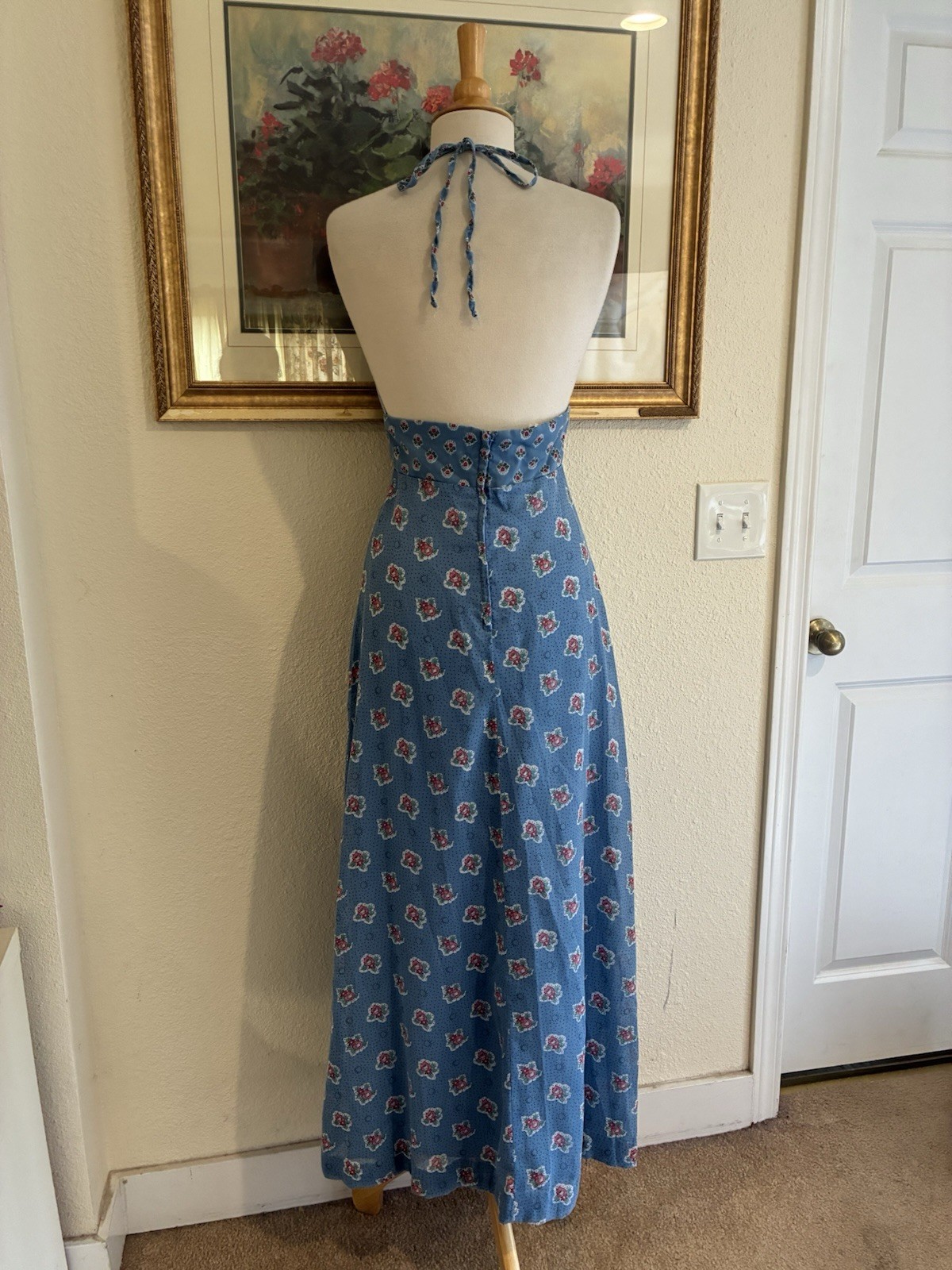 Vtg 70s Young Edwardian Blue With Tiny Pink Flowers Print Halter Top Maxi Dress