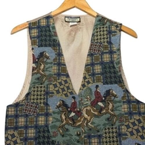 Vintage Wrapper Equestrian Tapestry Vest Womens Large Fox Hunt Plaid Made in USA