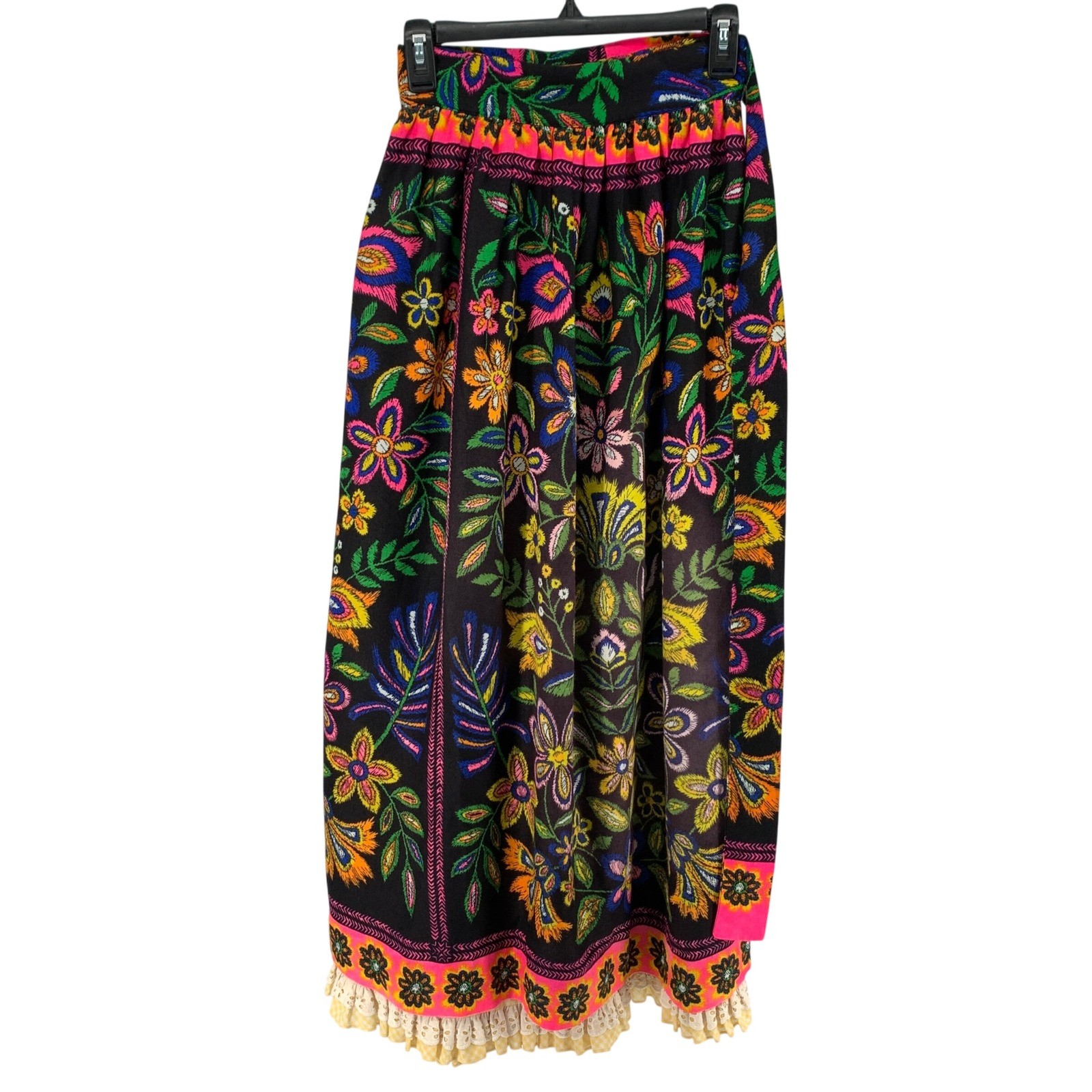 Vintage Joseph Magnin Floral Wrap Skirt Black Neon Pink Gingham Lined Boho 9