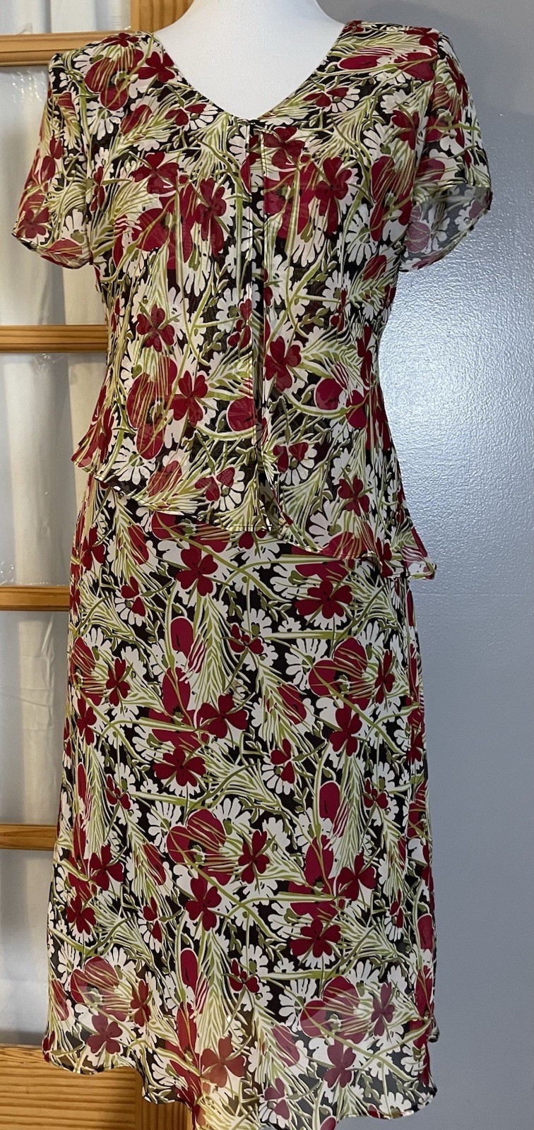 80’s R&K Originals Layered Floral Dress 8P Green Red Chiffon Career Boho Party