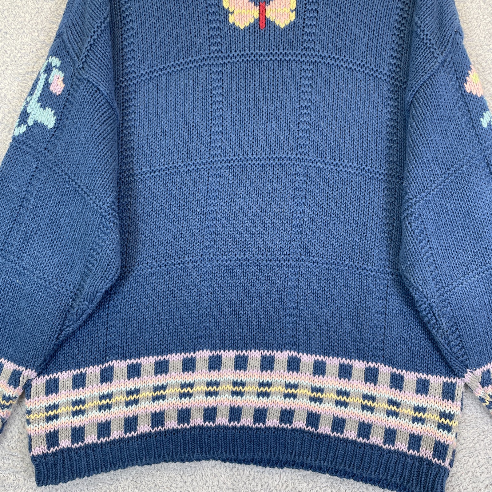 Vintage 90s Mixed Blues Floral Butterfly Sweater Cottagecore Grandmacore Large