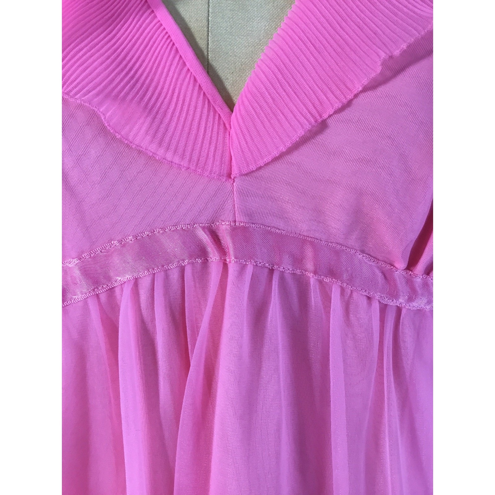 Evette 1960s Pink Nylon Nightgown Sheer Layer Ruffled V Neck Sleepwear Barbie