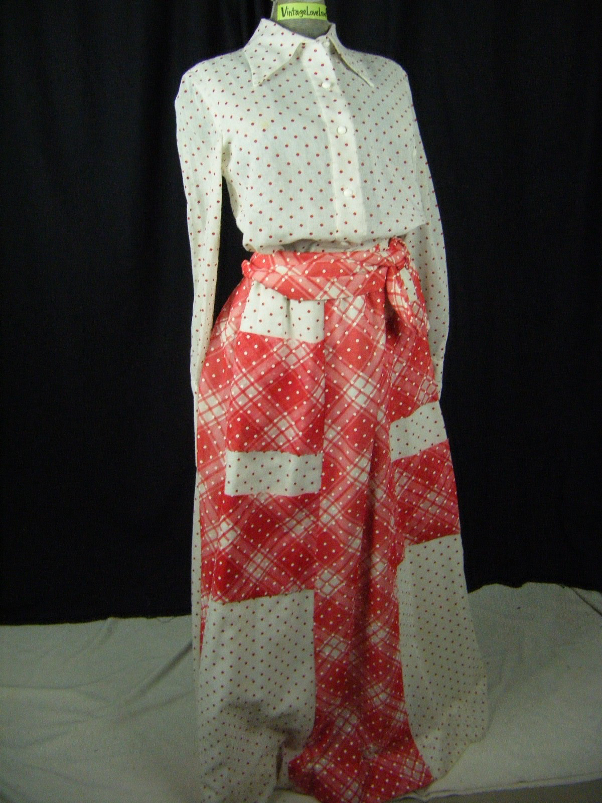 CHESSA DAVIS Vtg 70s White Red Dots Plaid Shirt/Skirt/Belt-Bust 37/Waist 29/XS-S