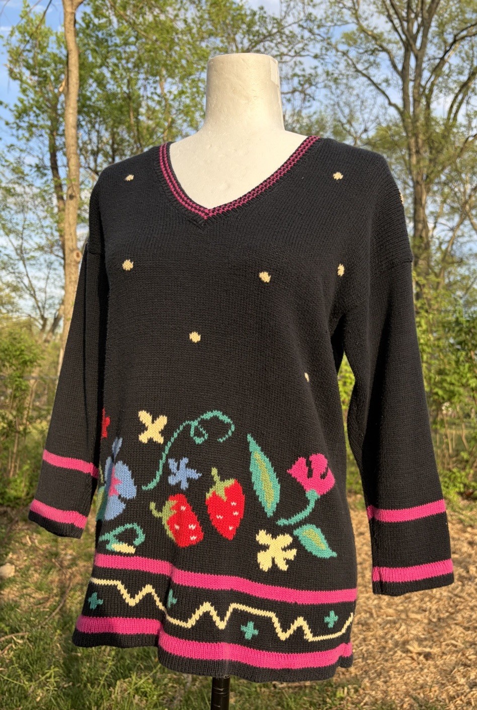 Vtg 80’s Beldoch Popper Knit Sweater 3/4 Sleeve Cottagecore Strawberry Medium