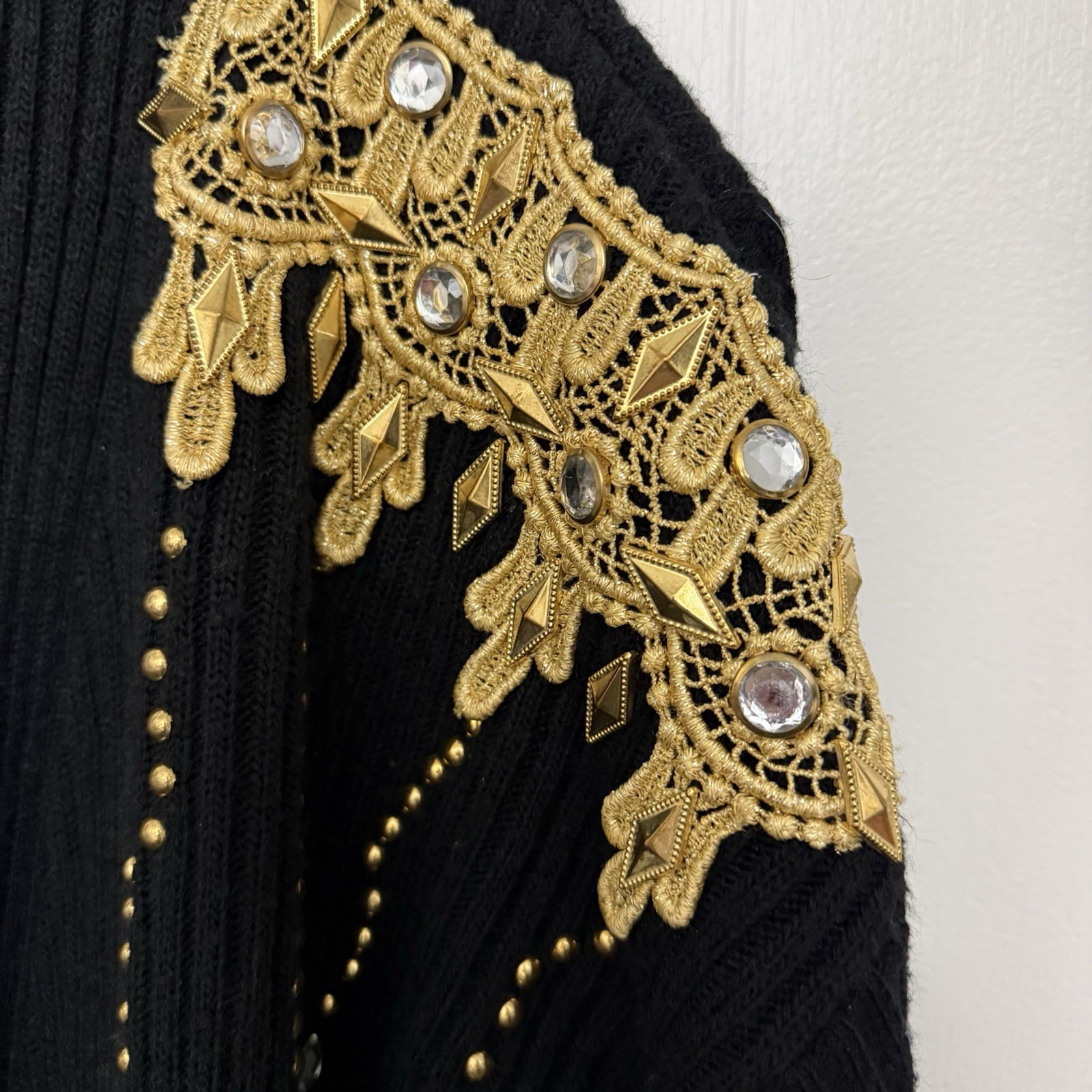Vintage 90s Epix Black Gold Embellished Duster Cardigan Y2K Glam 1X 2X 3X