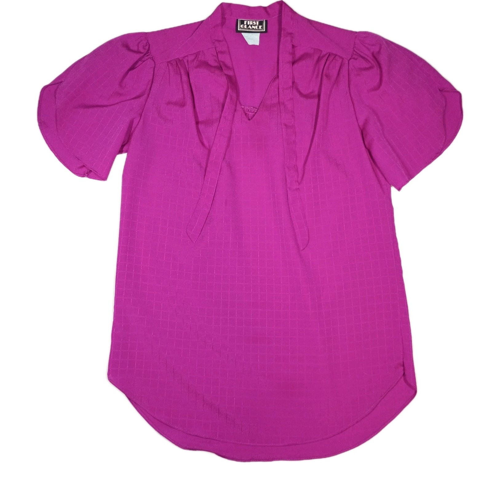 Vintage First Glance Blouse Womens L Fuschia Tie Neck Puffed Sleeve Coquette