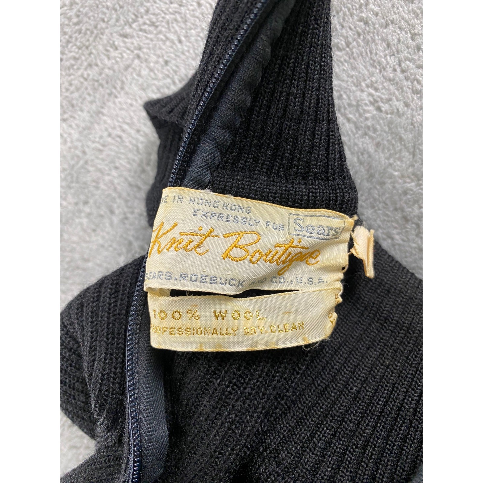 Vintage Sears Knit Boutique Black 100% Wool Turtleneck Ribbed Midi Dress 14
