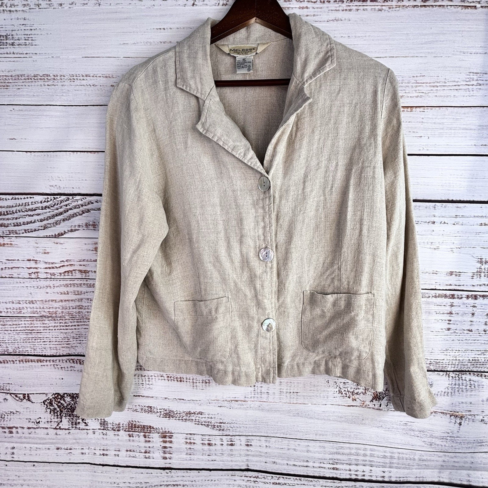 Vintage Jacket 8P Beige 100% Linen Shell Button Cinch Patch Pocket Minimalist