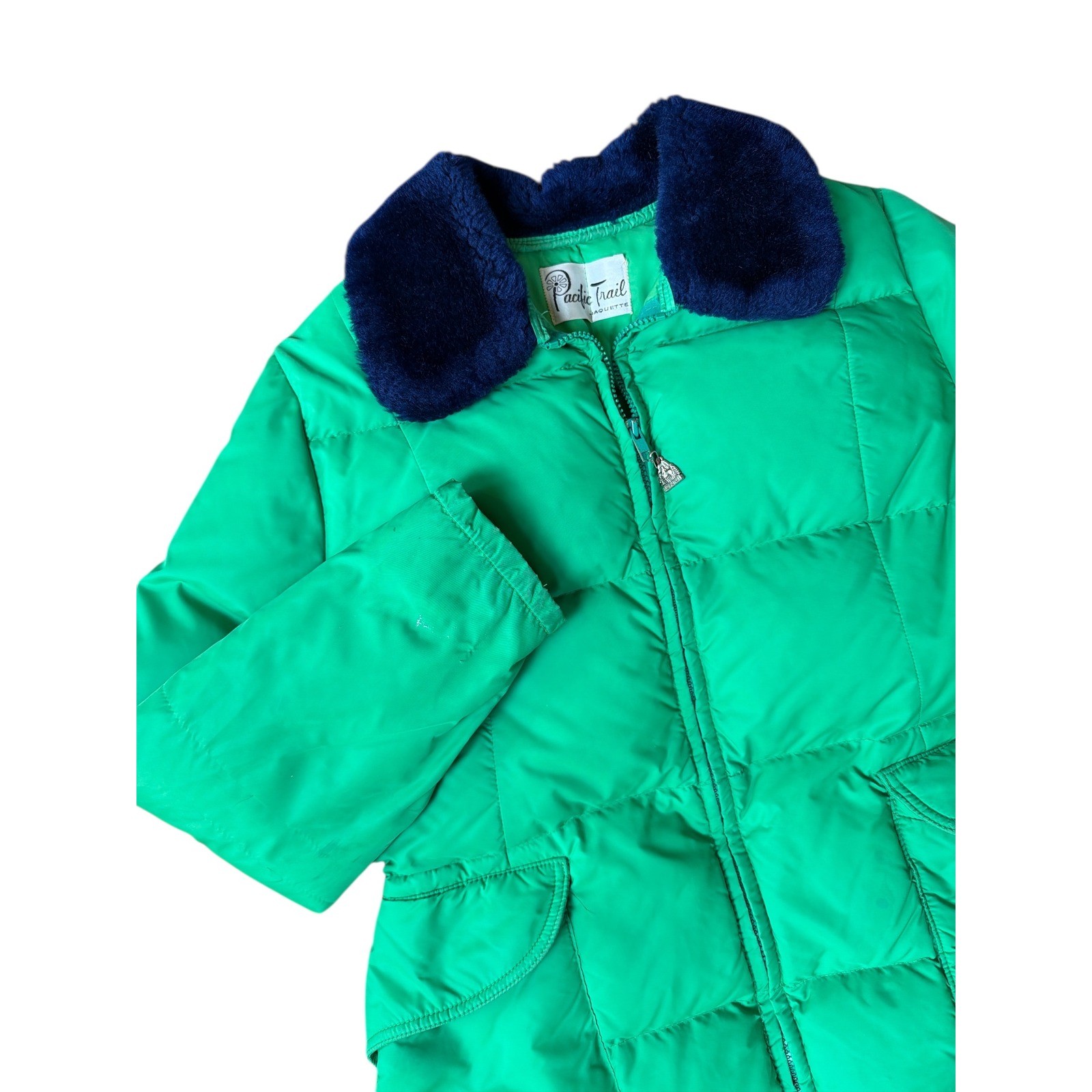 Vintage Pacific Trail Jaquette Puffer Jacket Green Blue Faux Fur Collar 70s 80s
