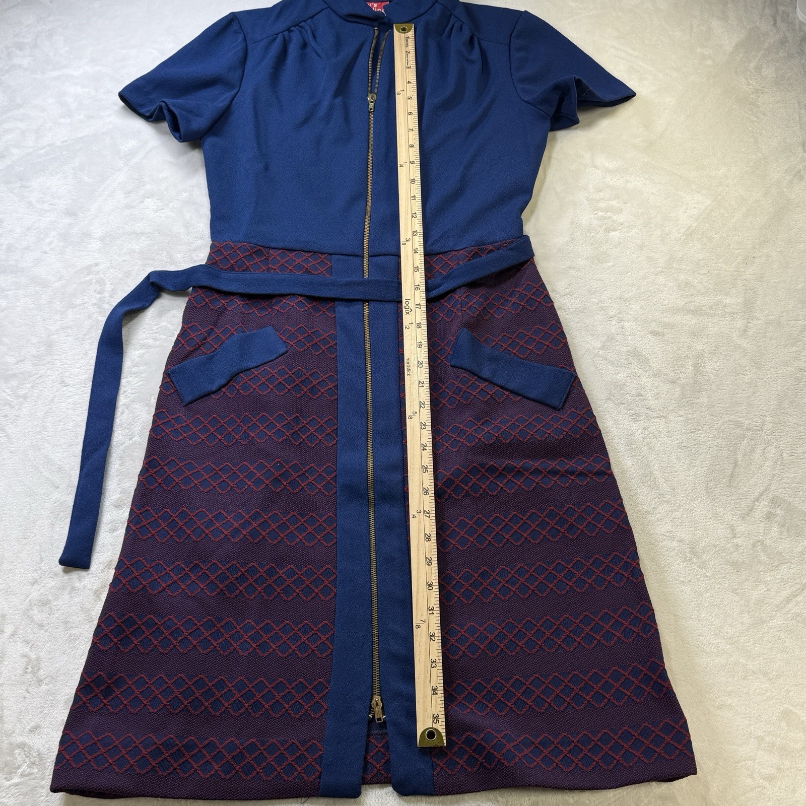Vintage 60s 70s Grays Landing Mod Zip Front Dress Blue Purple 12P Mid Century
