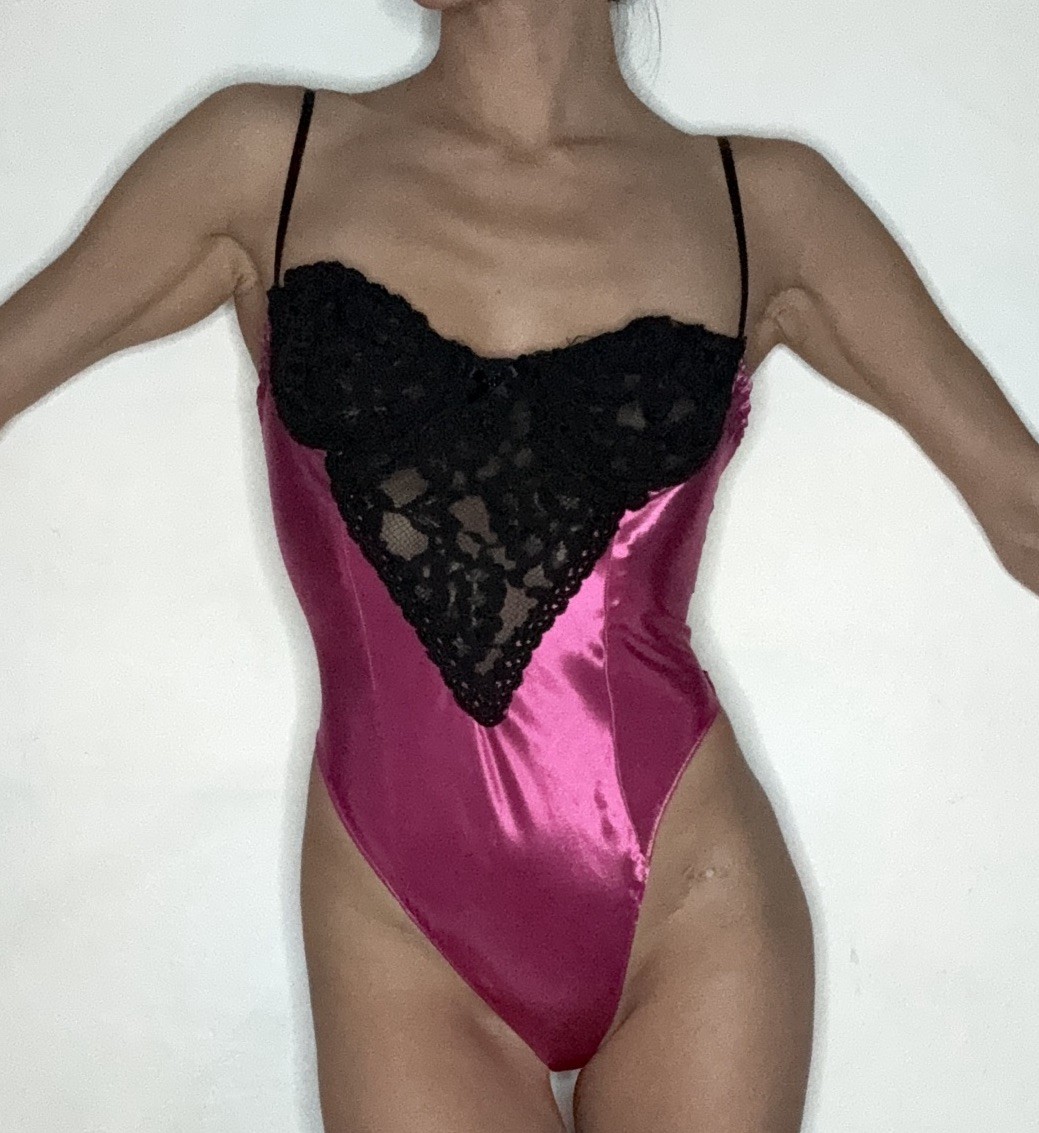Vtg 80s Pink Black Lace Underwire Bra Lingerie Bodysuit Snap Crotch