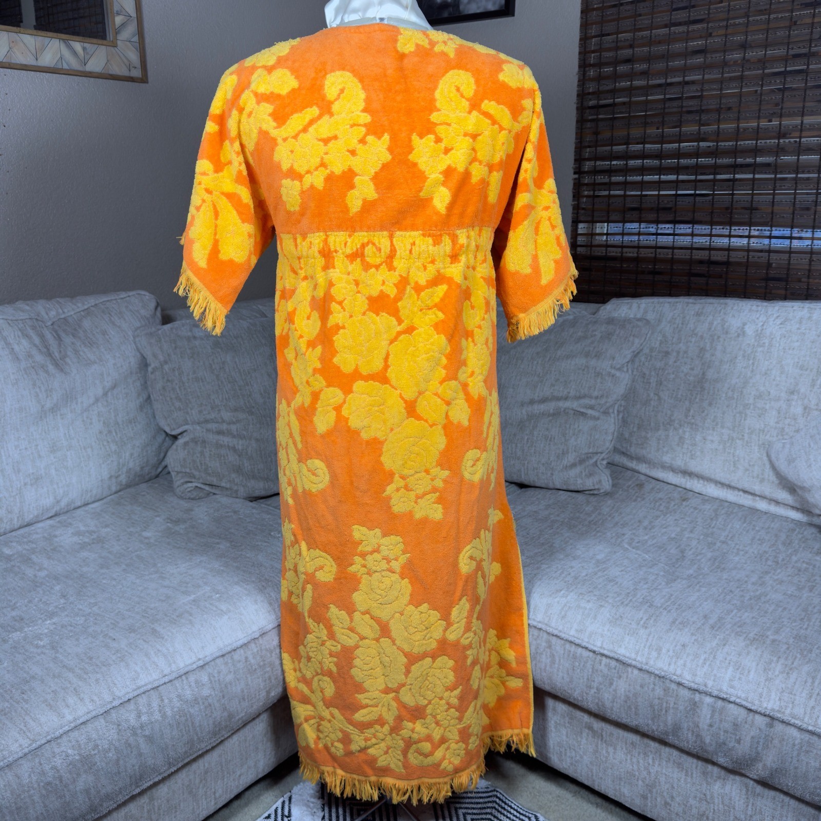 Vintage Cannon Monticello Terry Cloth Robe Orange Yellow Floral Fringe Maxi USA