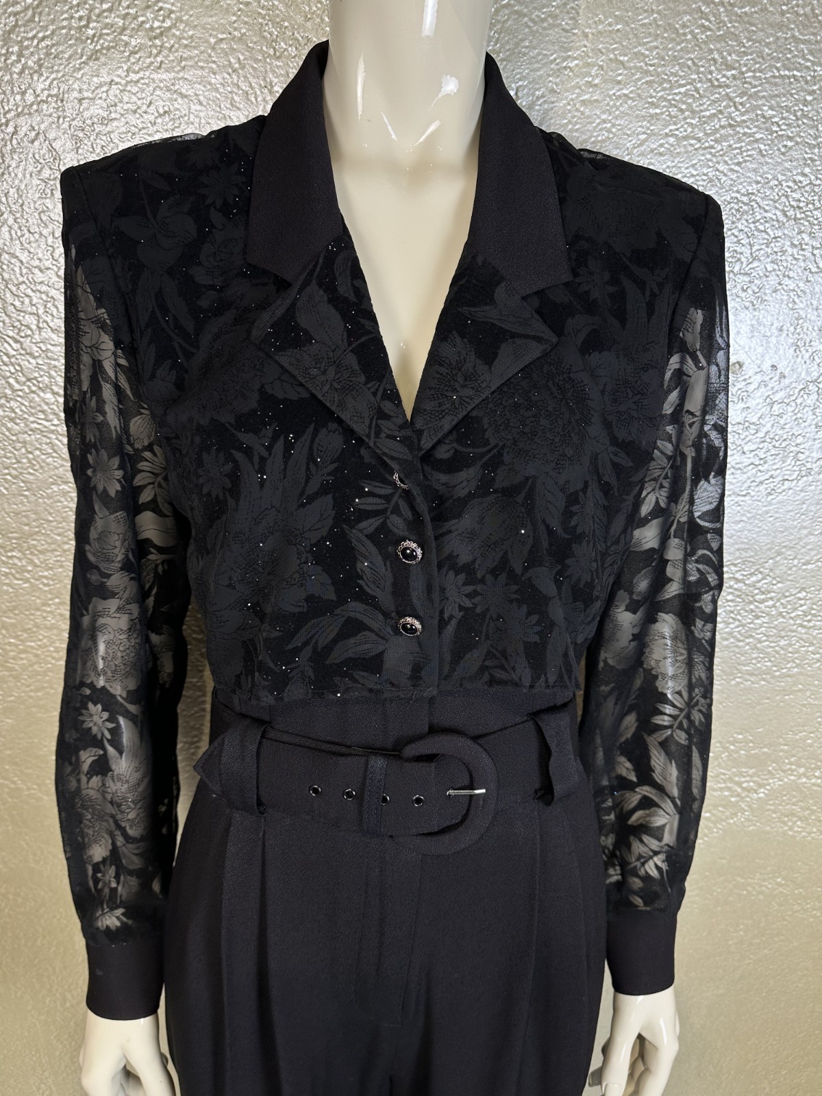 Vintage 1990s Ladies MENU Black Jumpsuit Sheer Sparkle Belted Goth S/M