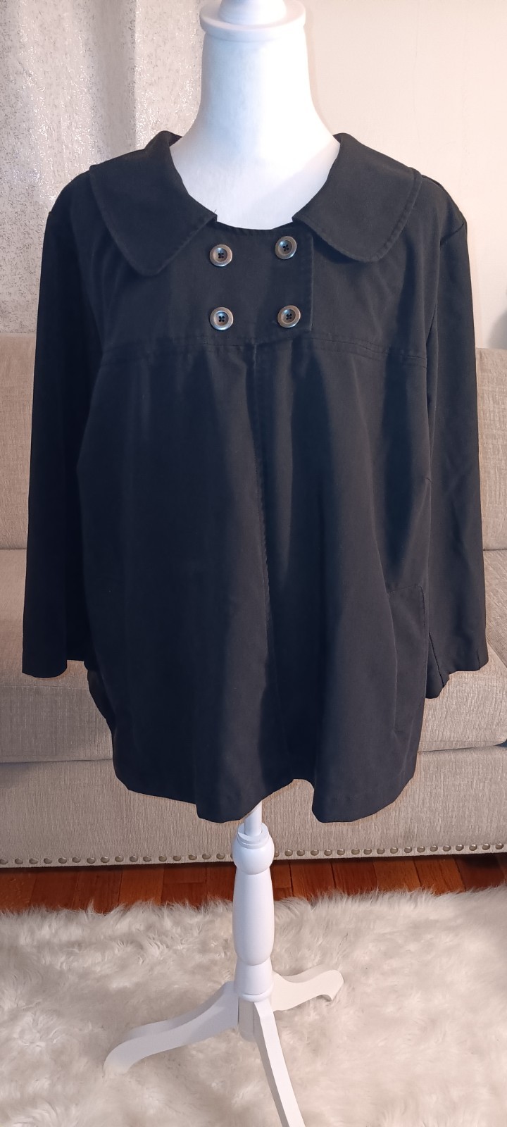 Avenue Black Double Breasted Swing Coat Teal Satin Lining Peter Pan Collar 20