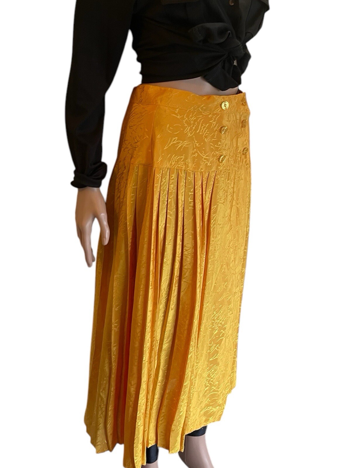 Pleated Skirt Vintage Maxi Fit And Flare Plisse Skirt Golden Yellow Satin Size S