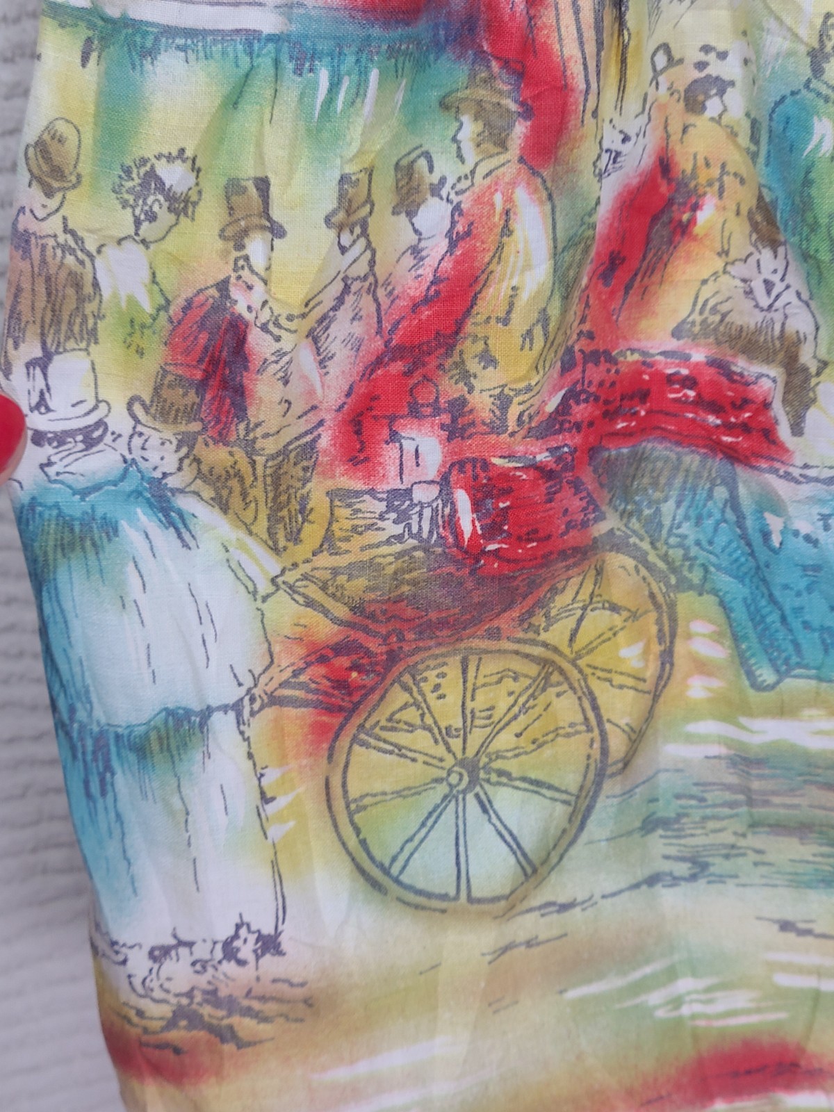 Vtg 50s Moulin Rouge Dress Border Print Tiered Skirt Novelty Cotton RARE AsIs S