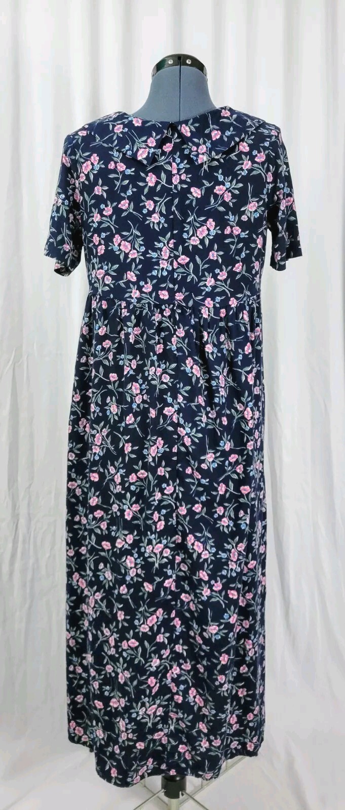 Vtg Ulterior Motives Navy Blue Floral Dress w Raised Waistline & Collar Size M