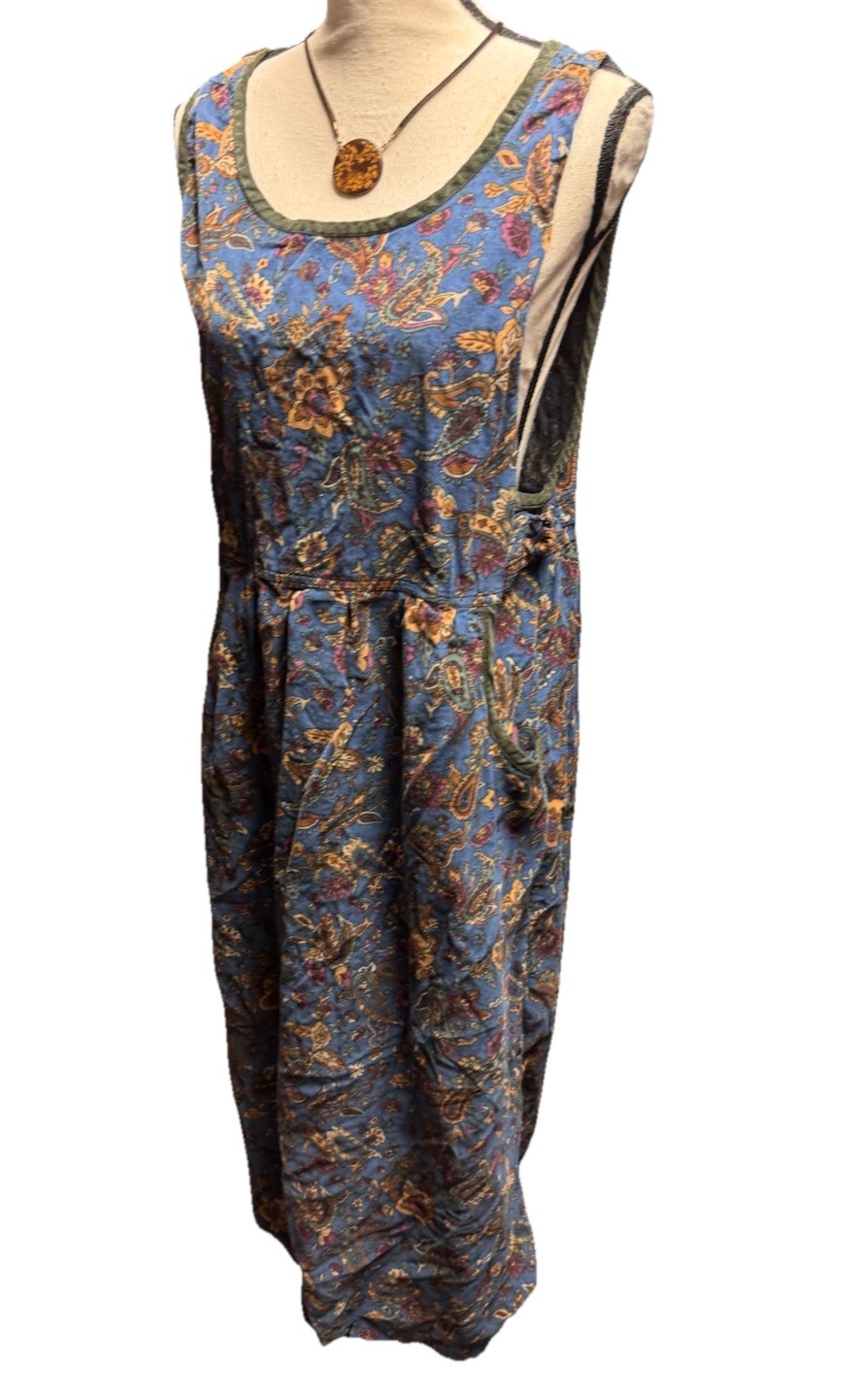 Vintage Erika &Co Blue Corduroy Jumper w Earthtones Gold Paisley Florals Size L