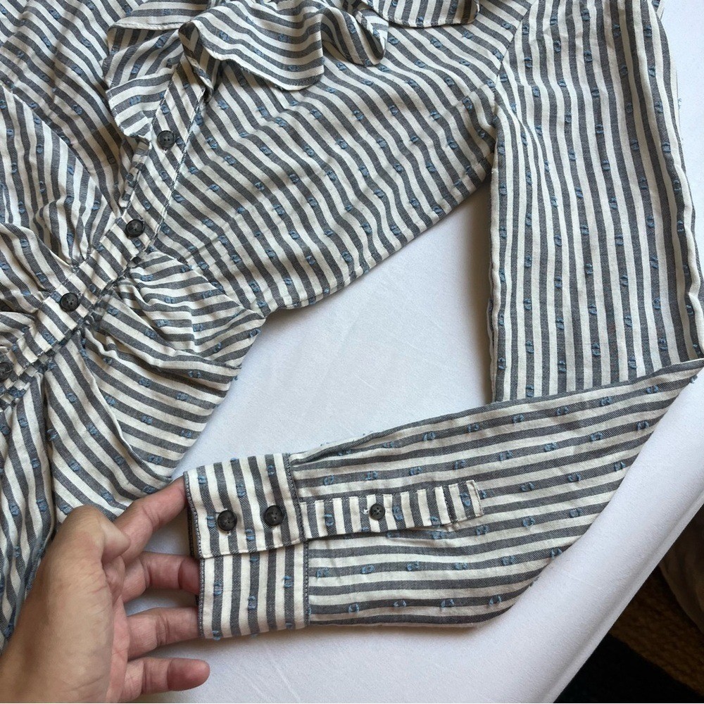 VERONICA BEARD ivory grey striped Swiss dot ruffle button up long sleeve mini