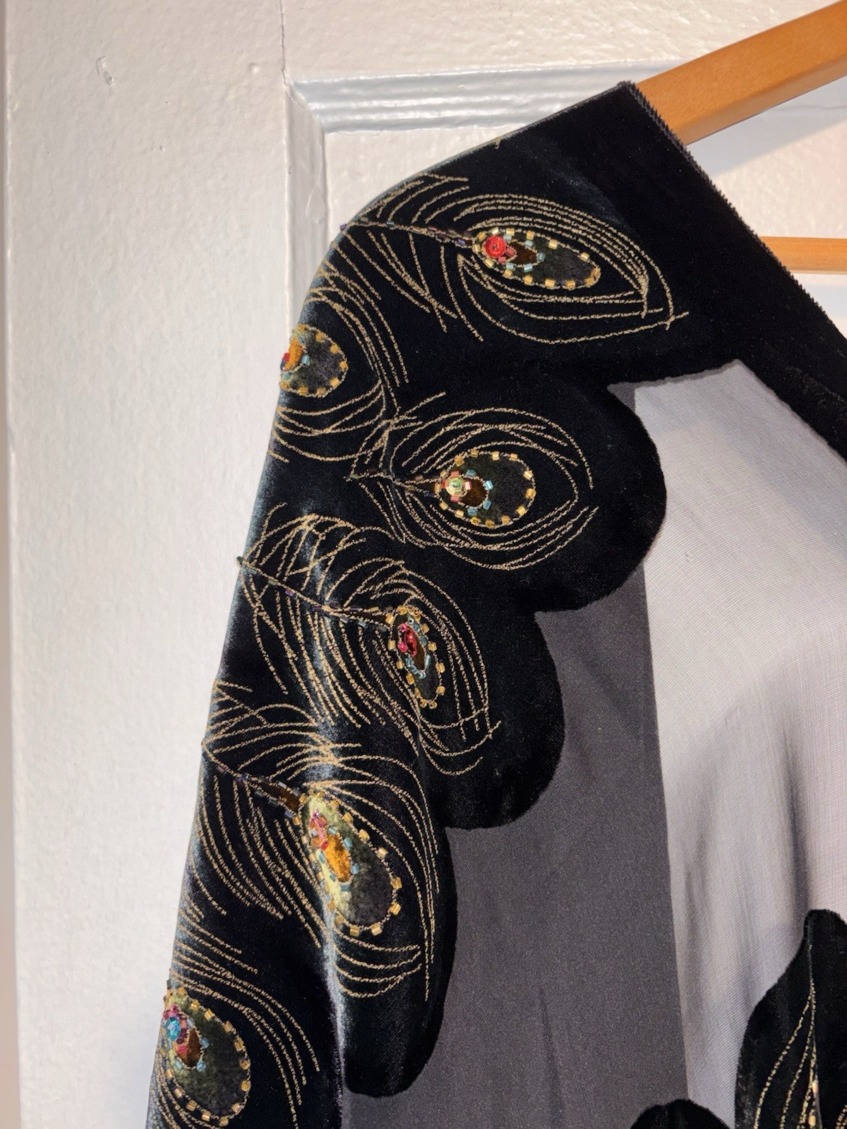 Vintage Silk Velvet Beaded Peacock Duster Coat Opera Black Fringe Romantic Goth