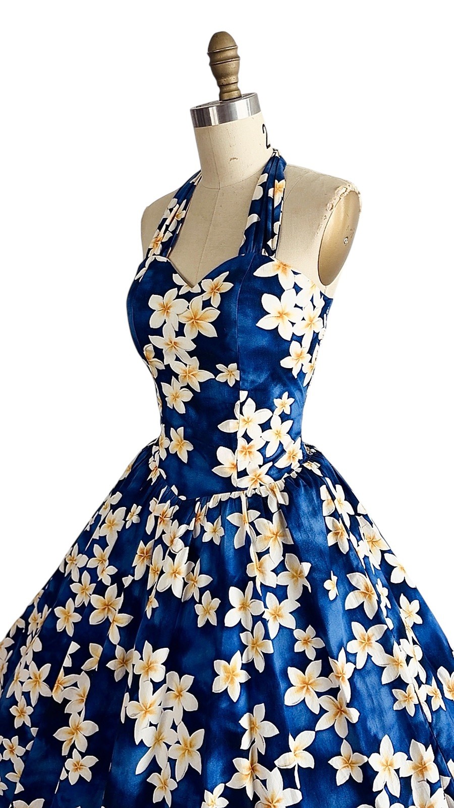 Vintage 1980s 1950s Style Blue Floral HAWAIIAN Pinup Dress Halter Top Sundress
