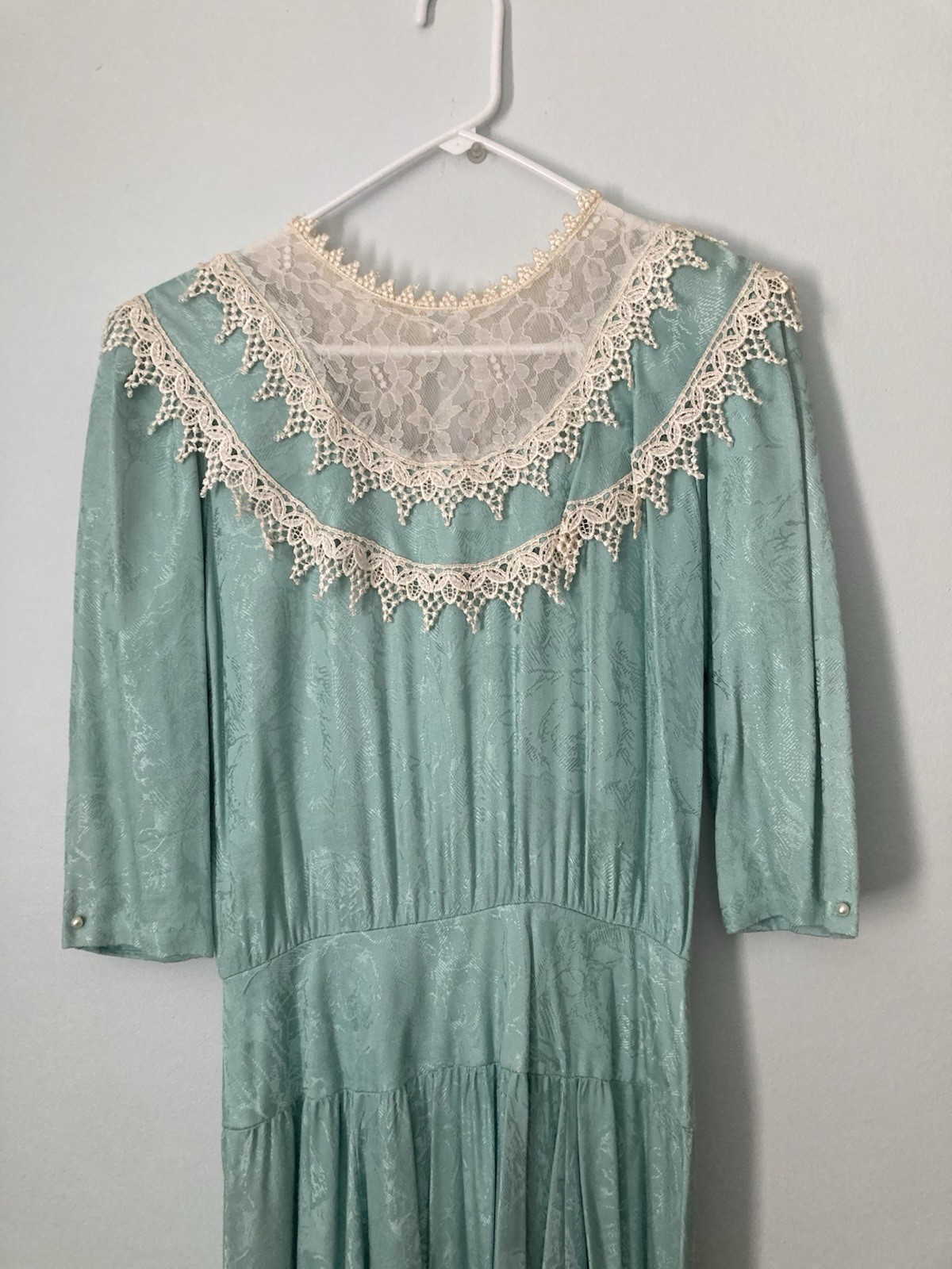 JSJ Vintage Aqua Jacquard/Brocade Dress With Lace & Pearls Size 7/8 Made In USA