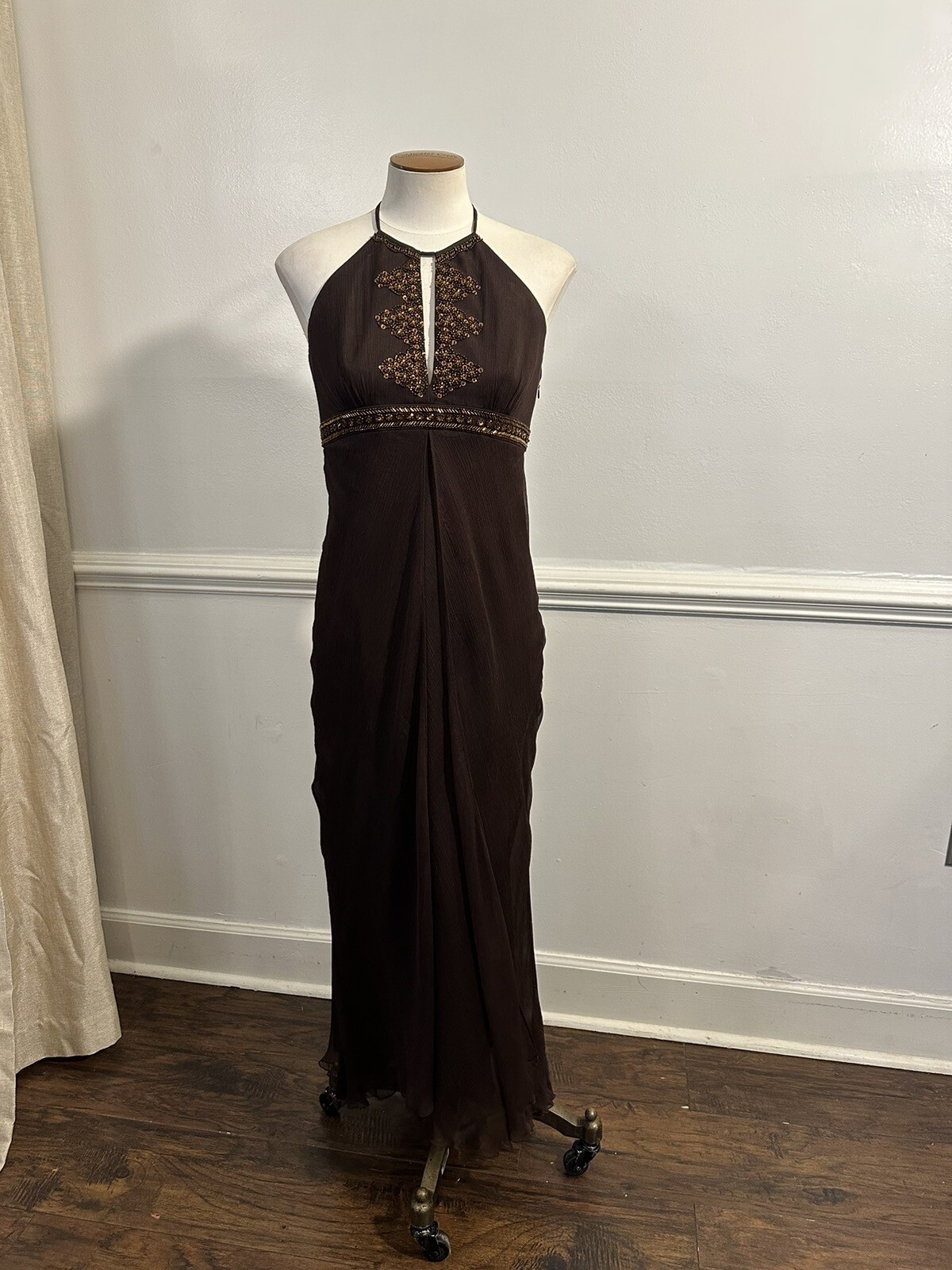 Laundry By Shelli Segal Brown V Neck Beaded Gown Formal Event Dress Sz 8