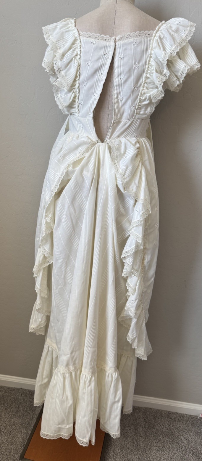 Vtg 70s Ivory Wedding Dress Prairie Cottage Core Peasant Bonnet Hat Veil Trek