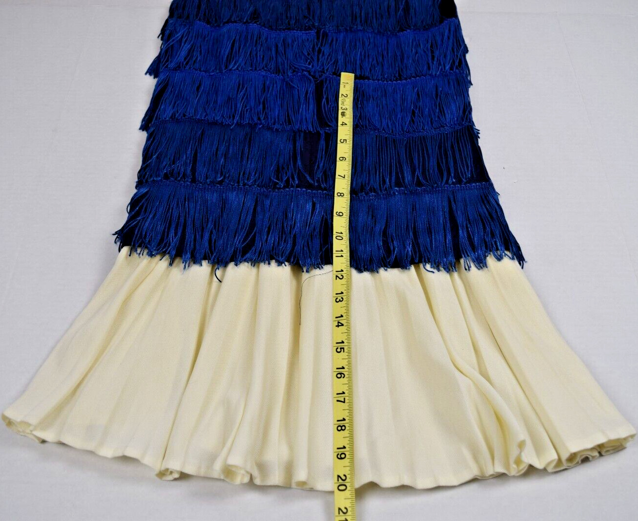Vintage Flapper Dress Elegant Miss Size S/M 60s Silky Blue Tassels Ivory Ruffle