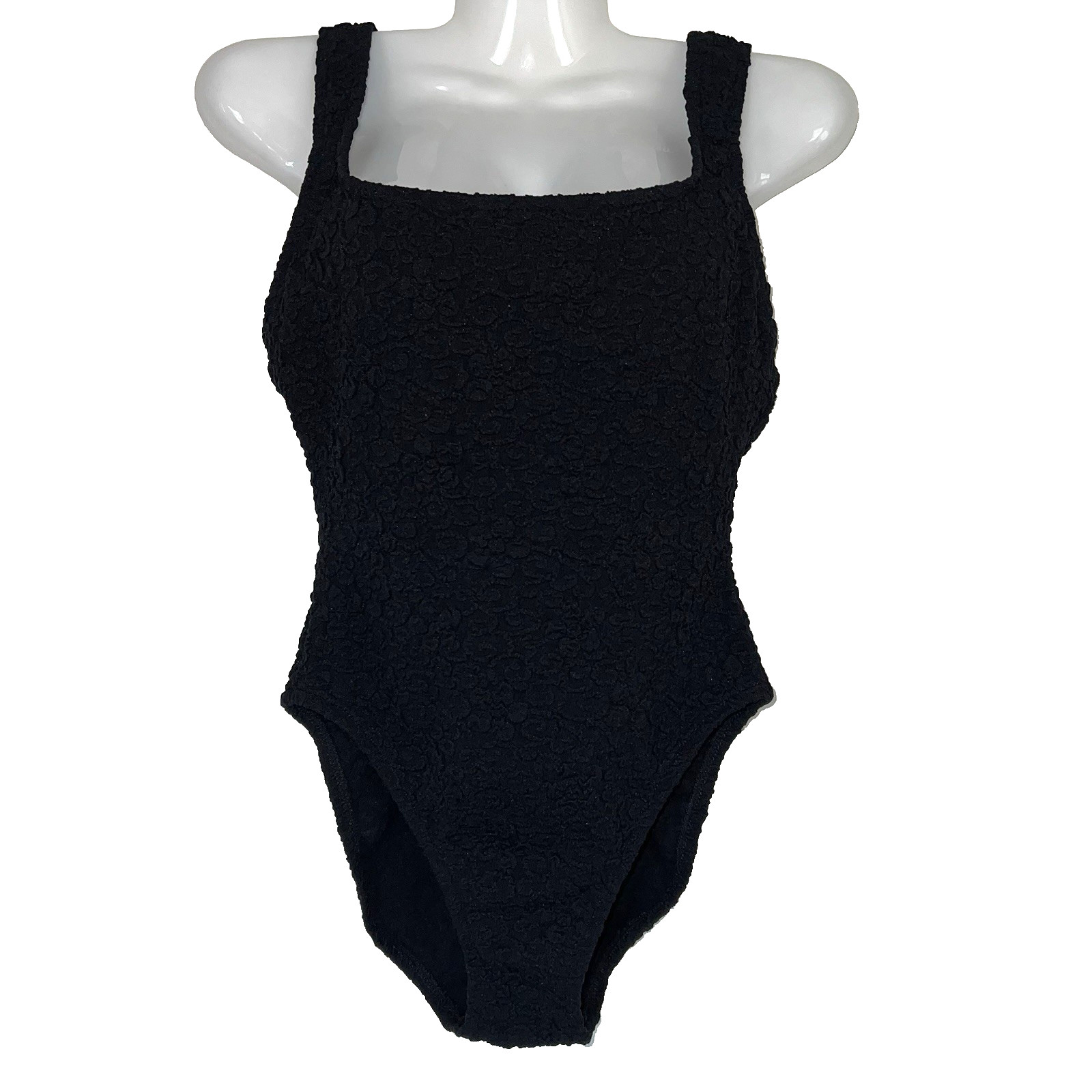 Daffy VINTAGE One Piece Swimsuit 9/10 Textured Black Tank Open Back Shelf Bra