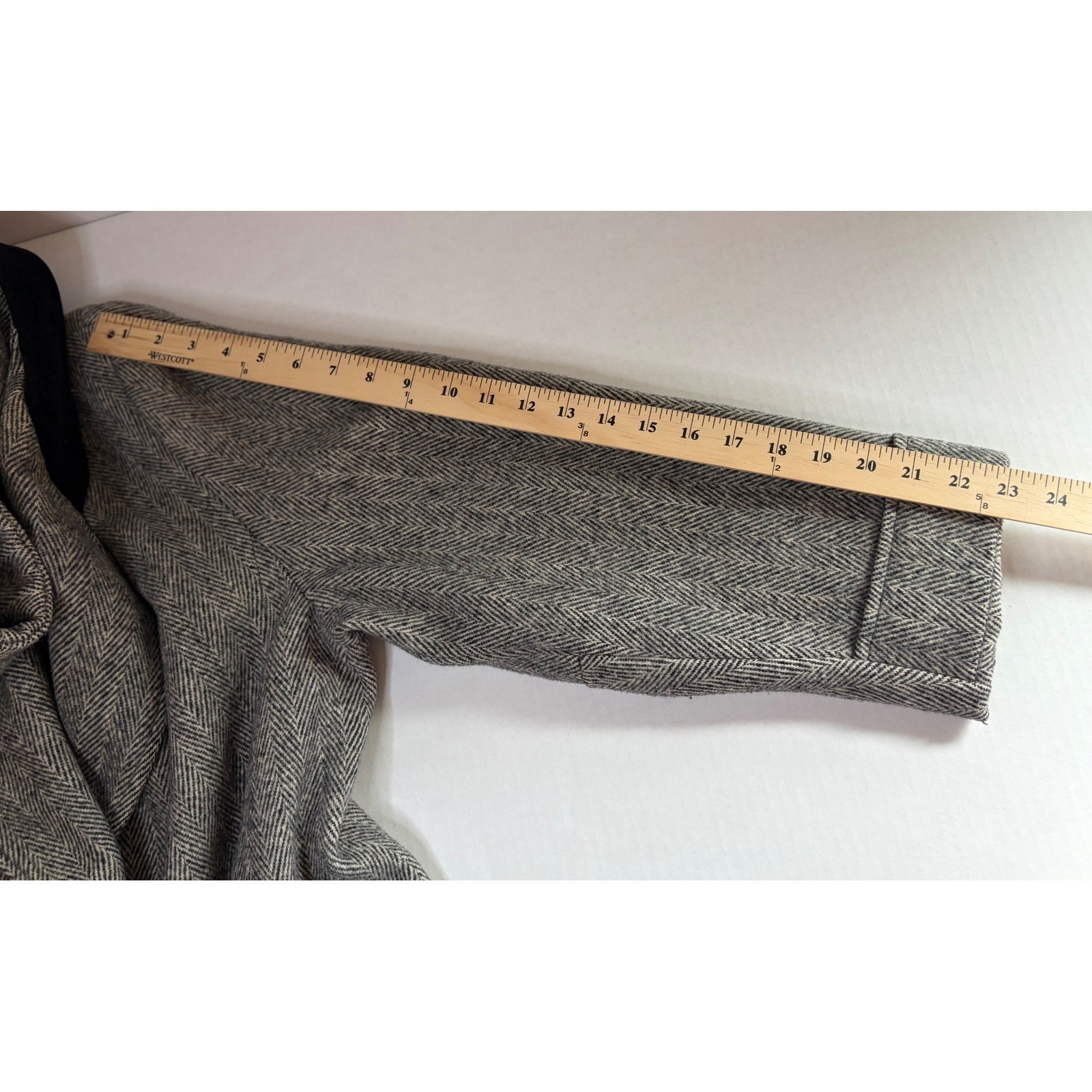 Vintage Made in USA Herringbone Coat Velvet Collar Gray Longline Overcoat