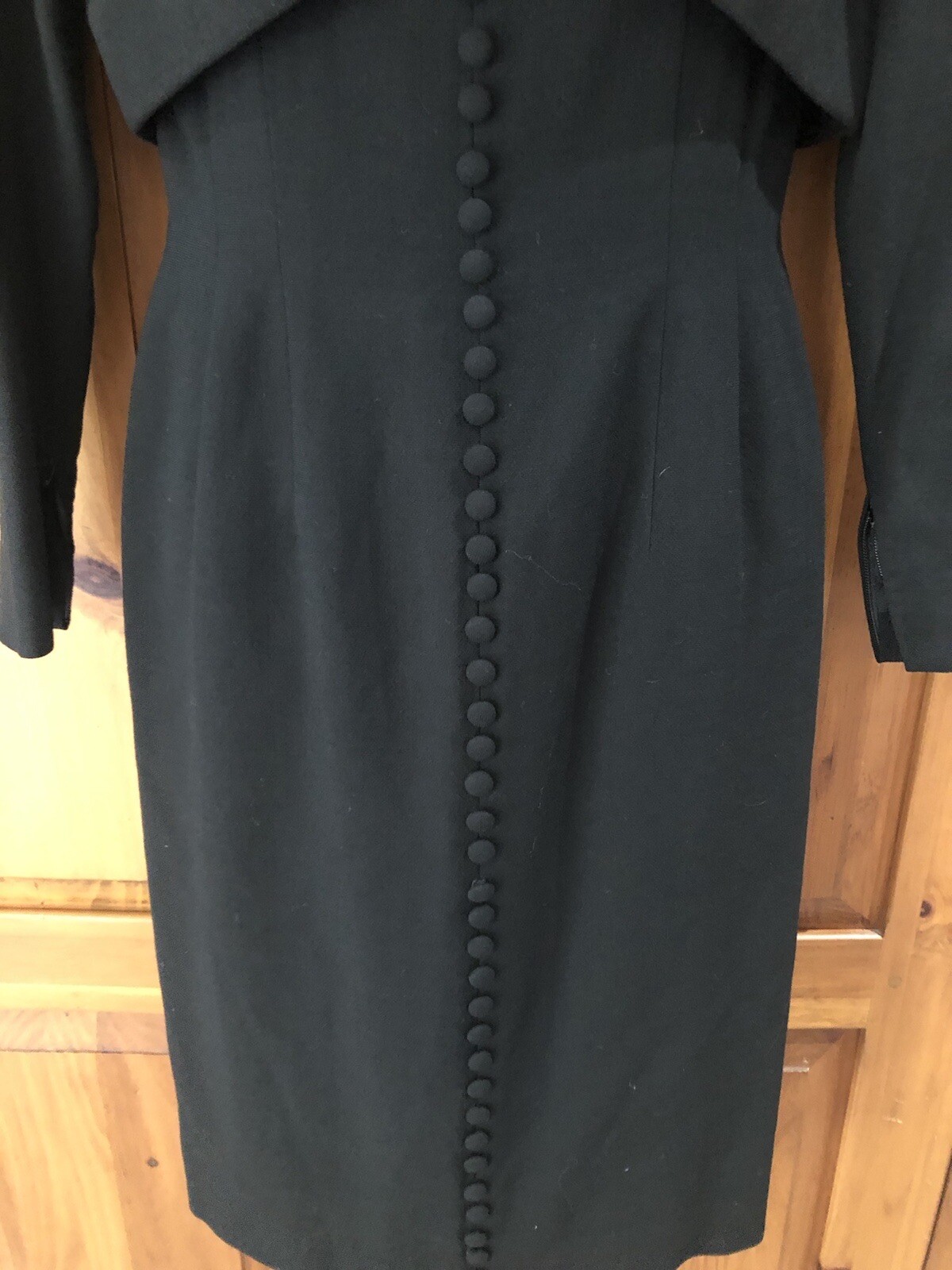 Travilla vintage 60s/70s black wool crepe dress self buttons capelet bodice S