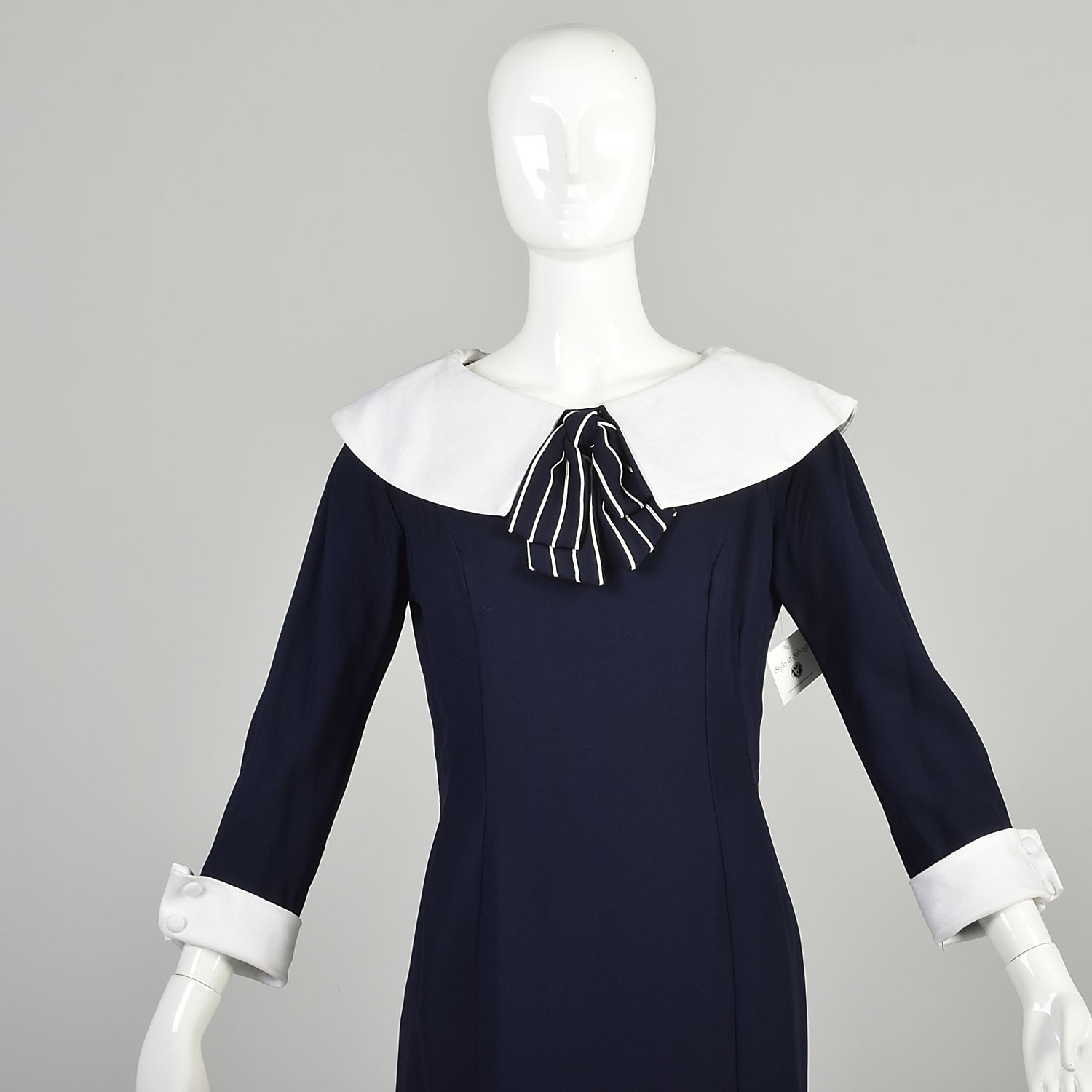 Large 1960s Navy Blue Dress Wide White Collar Stripe Bow 3/4 Sleeve French Cuff