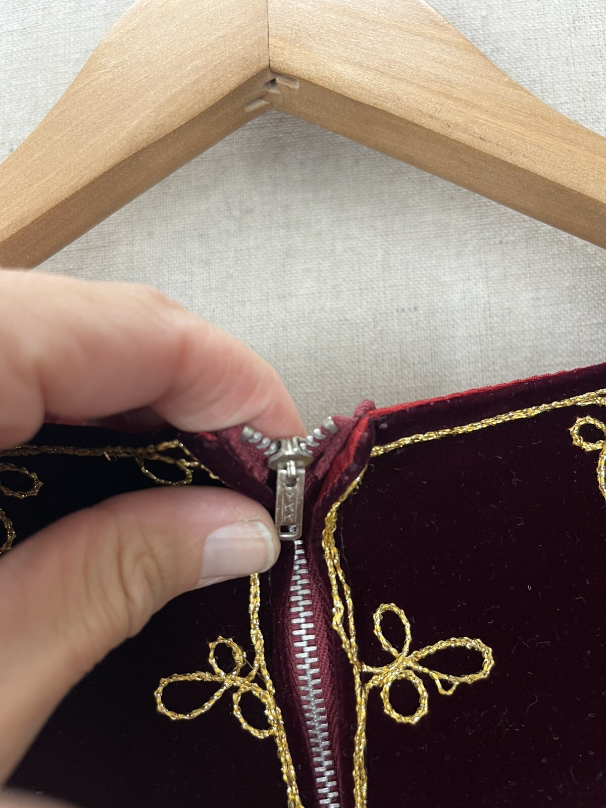 Vintage Burgundy Velvet Gold Embroidered Caftan Boho Dress Bell Sleeve