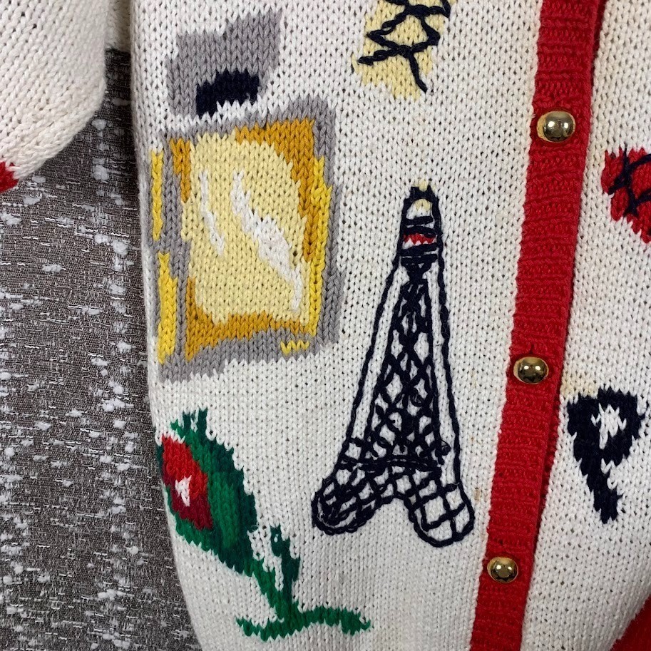 Vintage 90s The Eagles Eye Paris Cardigan Sweater Knit Short Sleeve Novelty Sz M