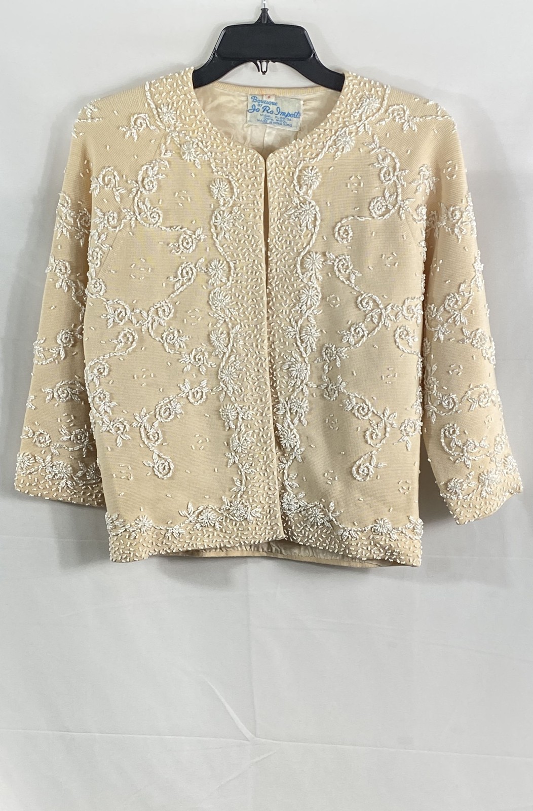 Vintage Jo Ro Imports Women’s Beige Beaded Wool Cardigan Sweater Jacket Sz 8