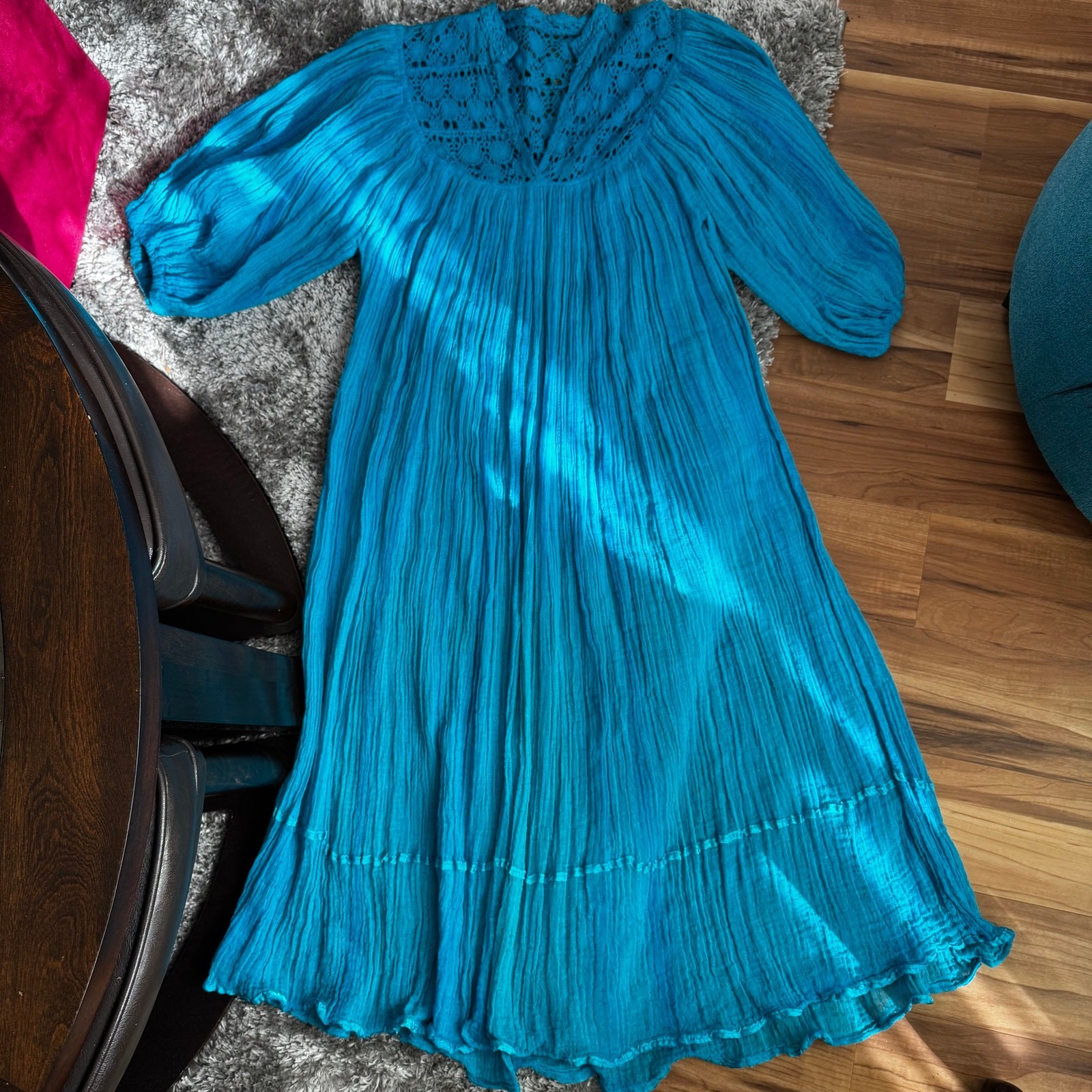 VTG 1970s Oaxaca Boho Hippie Turquoise Blue Cotton Gauze Flowy Dress Size S/M