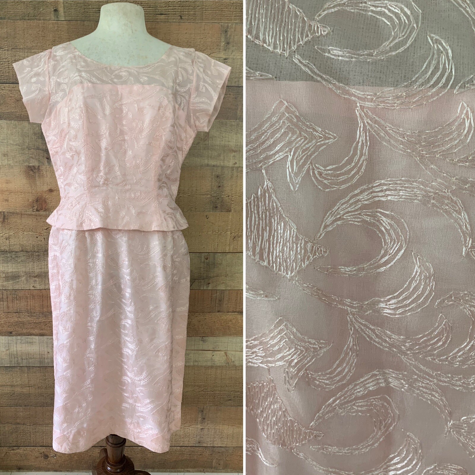Vintage 1950s Pink Embroidered Sheer Peplum Cocktail Evening Dress Size M/L
