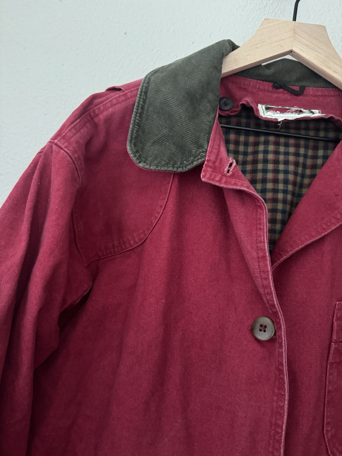 Vintage Red LL Bean Chore Coat Corduroy Collar Plaid Lining