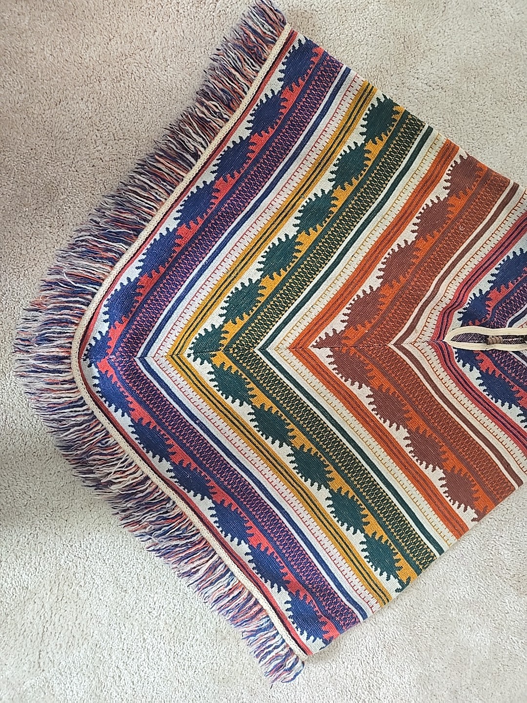 Vintage 1970s Sabra Knit Pullover Poncho Unisex Southwestern Design With Fringe