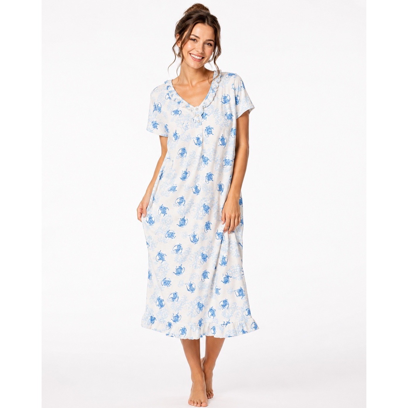 Cottagecore Floral Toile-Style Romantic Soft Girl Teapot Coquette Sleep Dress XL