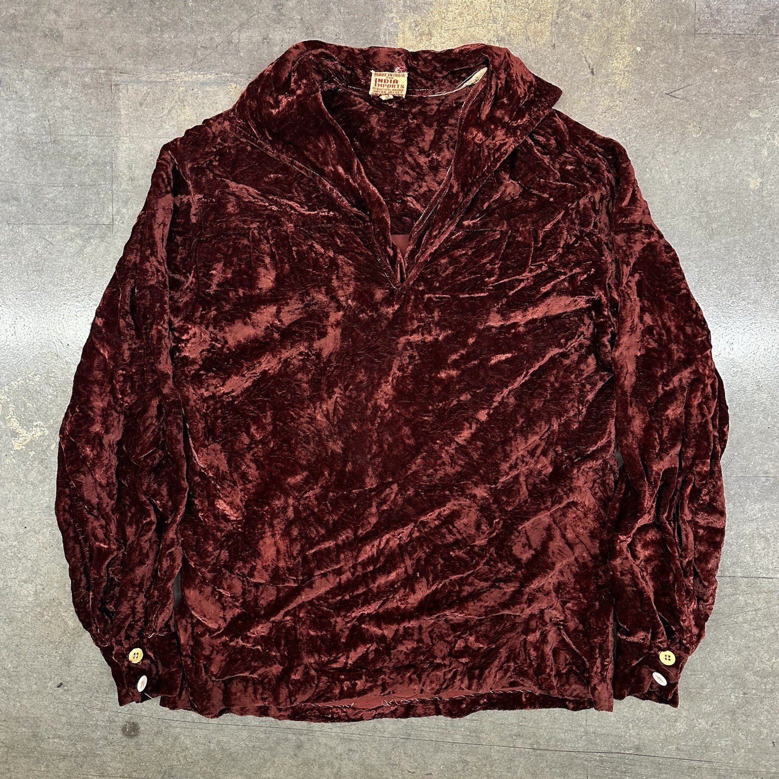Vintage 1960s 70s India Imports Crushed Rayon Velvet Pullover Shirt Open Collar
